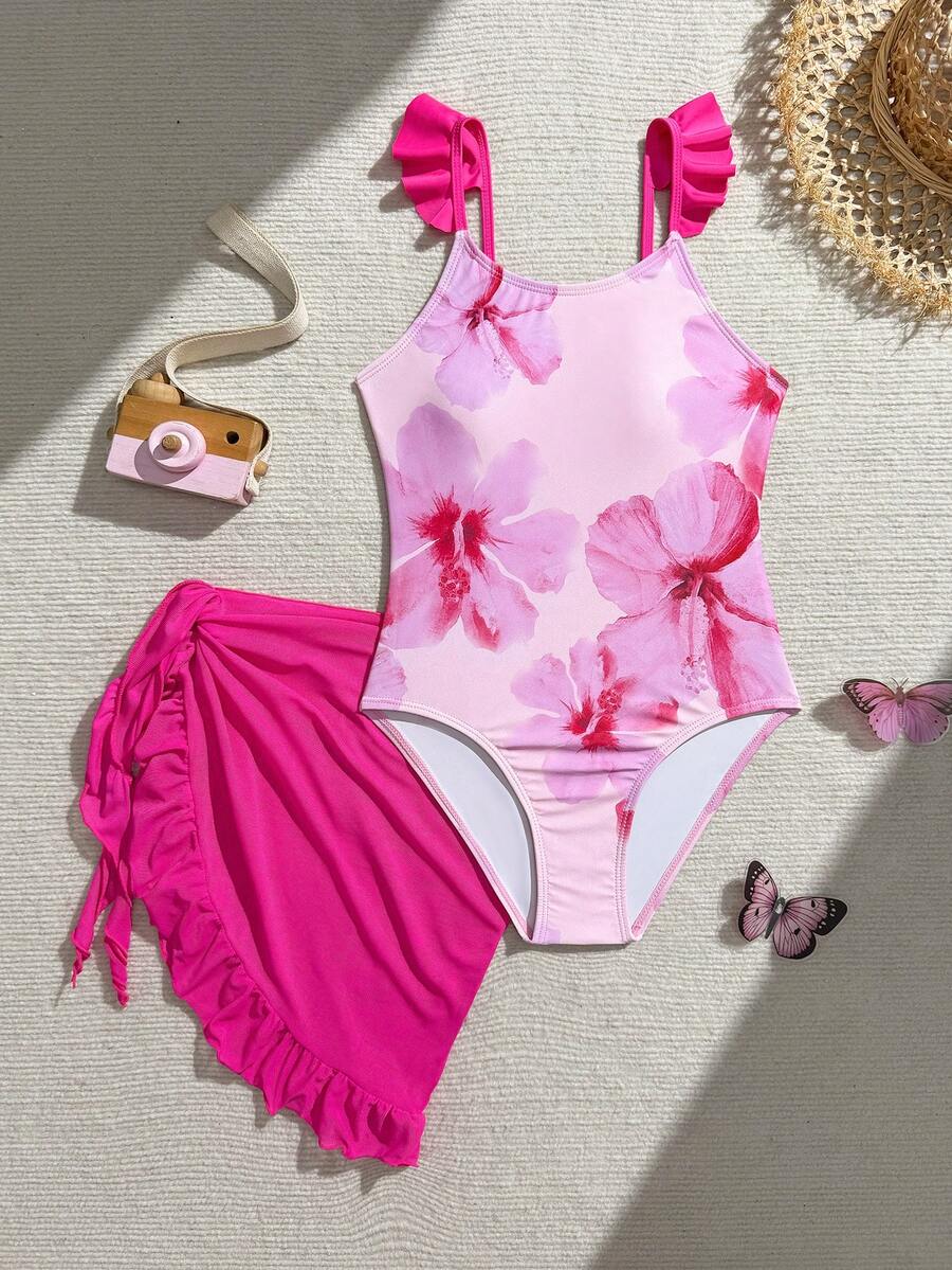 SHEIN Tween Girls Cute Floral Print Shoulder Strap Ruffle Design One-Piece Swimsuit With Ruffle Cover-Up Skirt, Suitable For Swimming, Vacation, Summer Beach - Multicolor - View 1