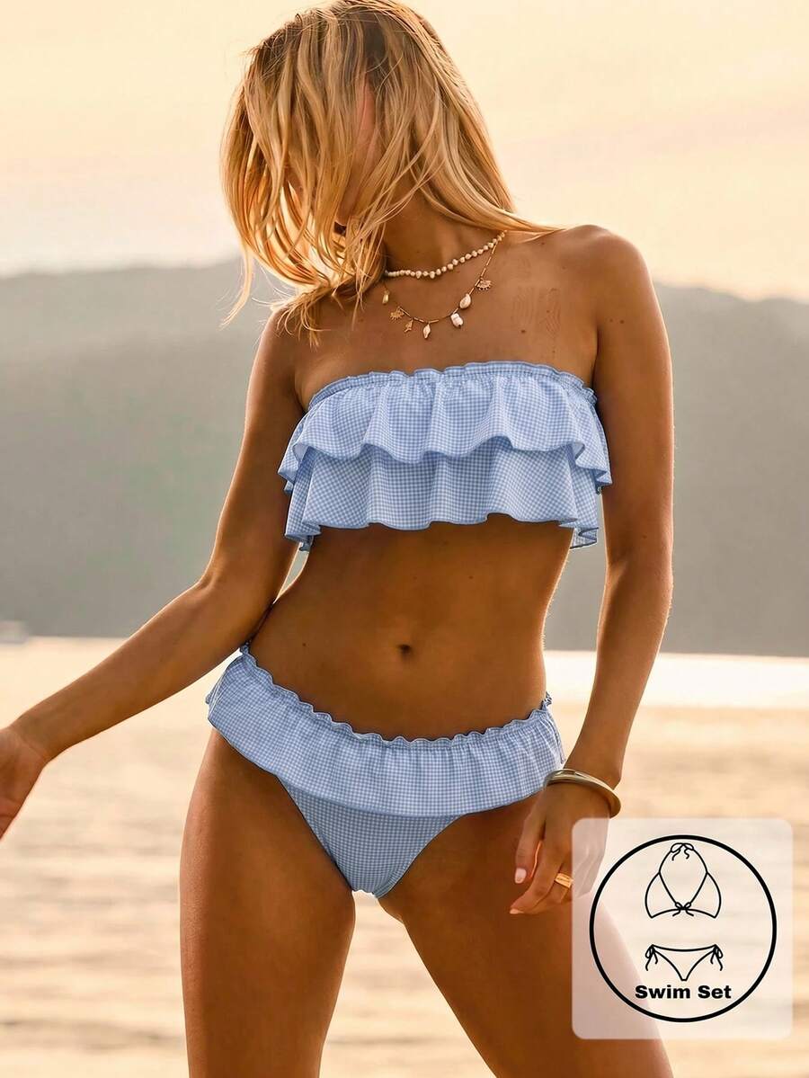 Aralina 夏季度假海灘風西式荷葉邊粉色碎花平口無肩帶比基尼套裝附泳裝袋 - 藍色 - 查看 1