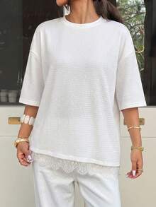 SHEIN EZwear 大尺碼女款素色圓領落肩休閒寬鬆襯衫 - 黑與白 - 查看 4
