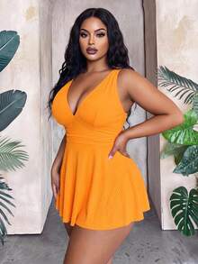 Maweii Summer Beach Plus Size Solid Color Textured Tankini Swimwear Vacation - Orange - View 3