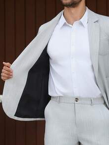 Manfinity Mode Men's Light Grey Summer Casual Business Suit Set,Textured Fabric Solid Color,Ideal Wedding Guest Outfit For Semi-Formal,Daily Commute Or Work - Light Grey - View 7