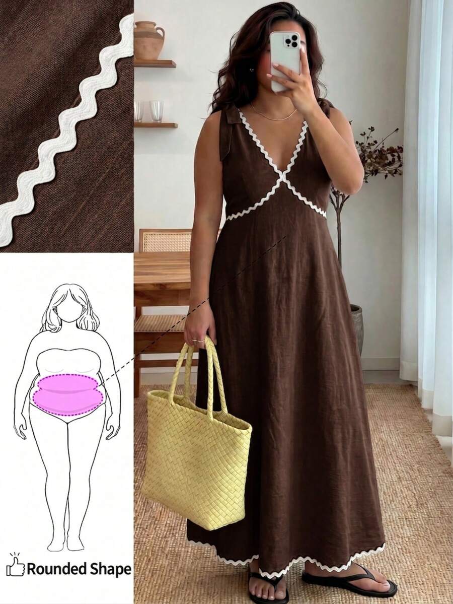 Enliva Plus-Size Women's Sleeveless Color Block Midi Dress Chic Summer Vacation Casual, For Apple And Rounded Body Shape - Brown - View 1