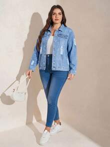 SHEIN LUNE 大尺碼女款長袖破洞單排扣休閒牛仔外套 - 藍色 - 查看 6