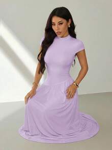 SHEIN PETITE Women's Summer Elegant Solid Color Long Dress - Mauve Purple - View 5