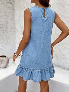 SHEIN Maternity Summer Casual Daily Washed Denim Sleeveless Dress With Ruffle Hem - Blue - View 2