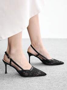 CUCCOO CHICEST Women Shoes Pointed Slimline Heel Fashion Black Lace Mesh Basic Simple Daily Versatile Elegant Wedding Party Women's High Heel Shoes Slingback Shoes - Mesh black - View 4