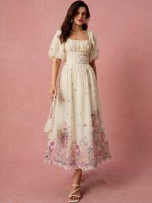 Enchnt Summer Elegant Women's Pink Floral Floral Print Square Neck Petal Sleeve Long Dress, Holiday Vacation Sweet Picnic Vacation Prom Birthday Ceremony - Pink - View 4
