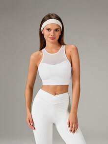 OutZeal Top de tirantes para mujer, sujetador deportivo blanco para gimnasio, entrenamiento y pilates, con almohadillas extraíbles y panel de malla en la espalda, top activo - Blanco - Ver 5