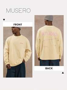 Camiseta de manga larga con cuello redondo oversize con estampado gráfico de eslogan "MUSERO STUDIO" Esenciales de primavera y verano - Crema - Ver 7