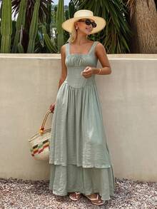 Livesso Women's Solid Color Pleated Casual Boho Party Vacation Midi Dress Sundress Sage Green Summer - Gray Blue - View 7