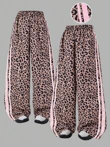 Girls' Black Street Style Casual Sports Long Pants With Simple Leopard Print Patchwork - Brown - View 3