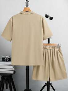 SHEIN 2pcs/Set Teen Boy Casual Collegiate Color Block Polo Shirt & Shorts Set, Suitable For Commuting. - Khaki - View 3