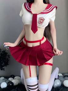 Dansine Japanese School Style Sailor Uniform Revealing Pleated Skirt Seductive Outfit Set - Burgundy - View 6