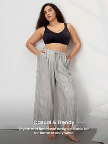 LUVLETTE Große Größen Sommer Natürlich Gemütlich Graue Weite Hose - Strukturierter Stoff & Kordelzug Taille Frische Leichte Lounge Hose Lässige Weite Beine - Grau - Übersicht 7