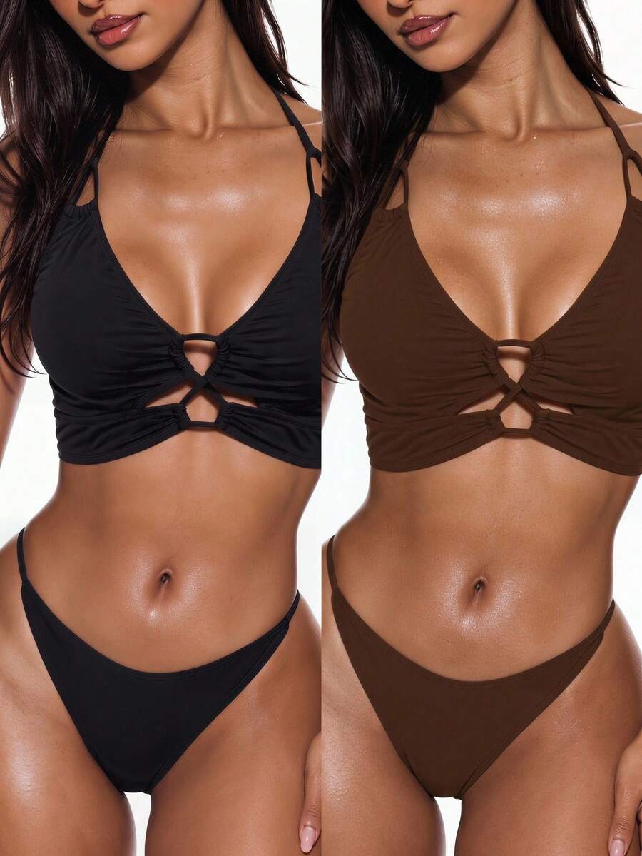 SHEIN 女款夏季海灘度假純色掛脖比基尼上衣兩件套 - 彩色 - 查看 1
