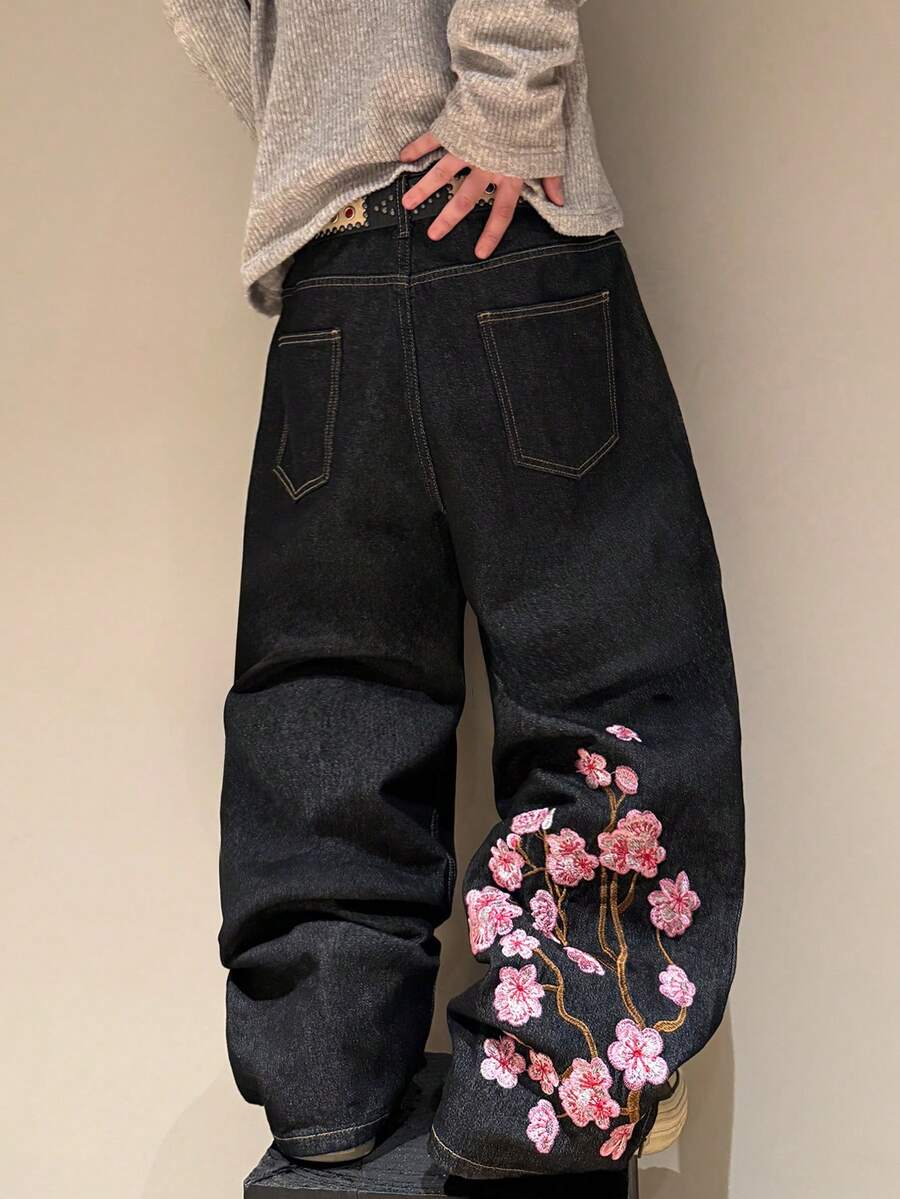 STEELVANCE Street Style Retro Fashion Versatile Embroidered Design Loose Straight Leg Wide Leg Casual Denim Plus Size Long Pants (Belt And Accessories Not Included) - Black - View 1
