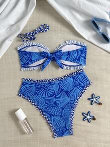 Swim Mod Girls Polka Dot Print Flat Chest Ruched Swimsuit Top Plus High Waist Ruched Ruffle Bikini Bottoms Women's Swimsuit Set - Multicolor - View 2