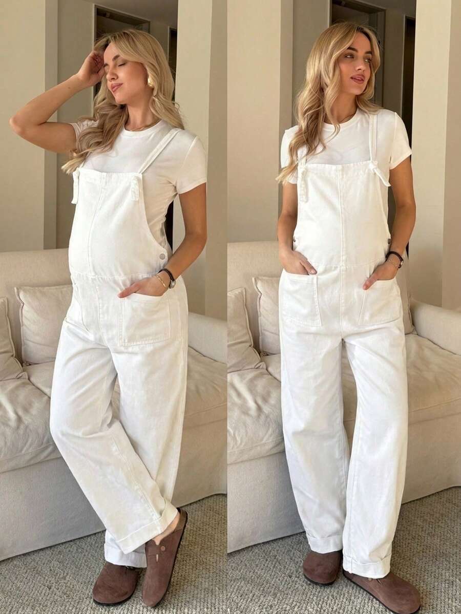 SHEIN 夏季孕妇休闲简约口袋牛仔背带裤 - 白色 - 查看 1