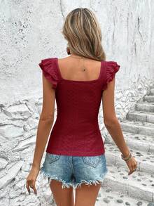 SHEIN VCAY 女款素色方領荷葉袖修身時尚T恤 - 紅色 - 查看 3