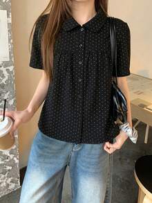 DAZY 女款翻領波點韓式風格滿版印花襯衫 夏季 - 黑色 - 查看 5