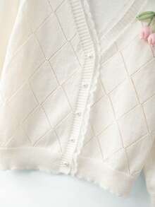 GlowEve CURVE Plus Size Elegant Hollow Diamond Pattern Lace V-Neck Long Sleeve Cardigan - Beige - View 4