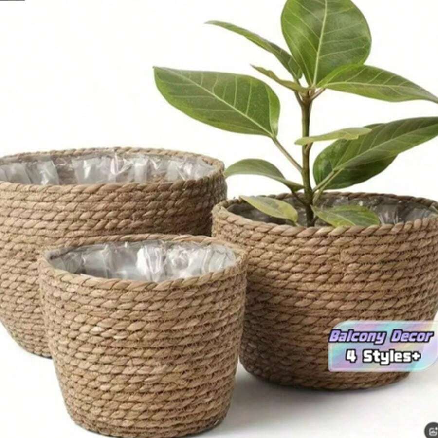 編織花盆,北歐風藤編花籃,適用於客廳、陽台裝飾,盆栽植物家居裝飾花瓶,房間裝飾玻璃花瓶 - 咖啡棕 - 查看 1
