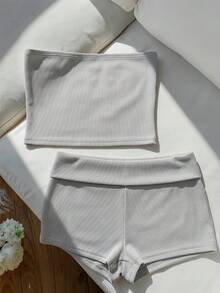 SHEIN 2件套少女沙滩度假风针织拼接布料编织星星装饰套装，适合外出、度假、旅行 - 灰色 - 查看 7