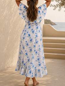 ELLERISSA Abito midi con scollo a V, balze e volant, a fiori blu, taglie comode - Blu - Visualizzare 2
