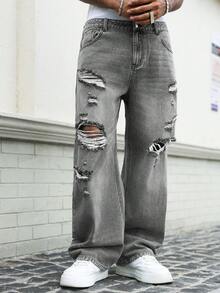 Manfinity Roughcore Men's Fashion Street Distressed Grey Washed Denim Curved Leg Pants - Grey - View 4