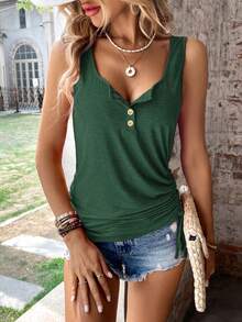 EMERY ROSE Plus Size Women's Half-Button Drawstring Side Vest - Dark Green - View 4
