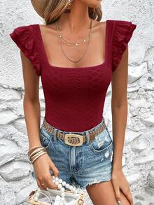 SHEIN VCAY 女款素色方領荷葉袖修身時尚T恤 - 紅色 - 查看 6