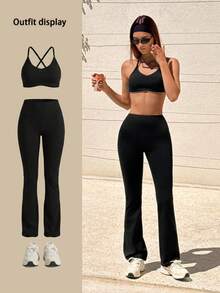 Fluxe Women's Solid Color Backless Halter Crop Top And Pants Sports Suit - Black - View 8