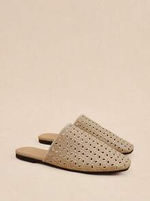 Rosivie Zapatos planos para mujer de moda nueva con tejido calado, punta cerrada cuadrada, sin cordones y suela dorada - Oro 1 - Ver 6