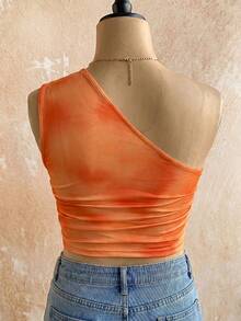 Plus Size Women's Vacation Floral Print One Shoulder Sleeveless Asymmetrical Hem Top Beach Vacation Burnt Orange Summer Filipiniana - Burnt Orange - View 4