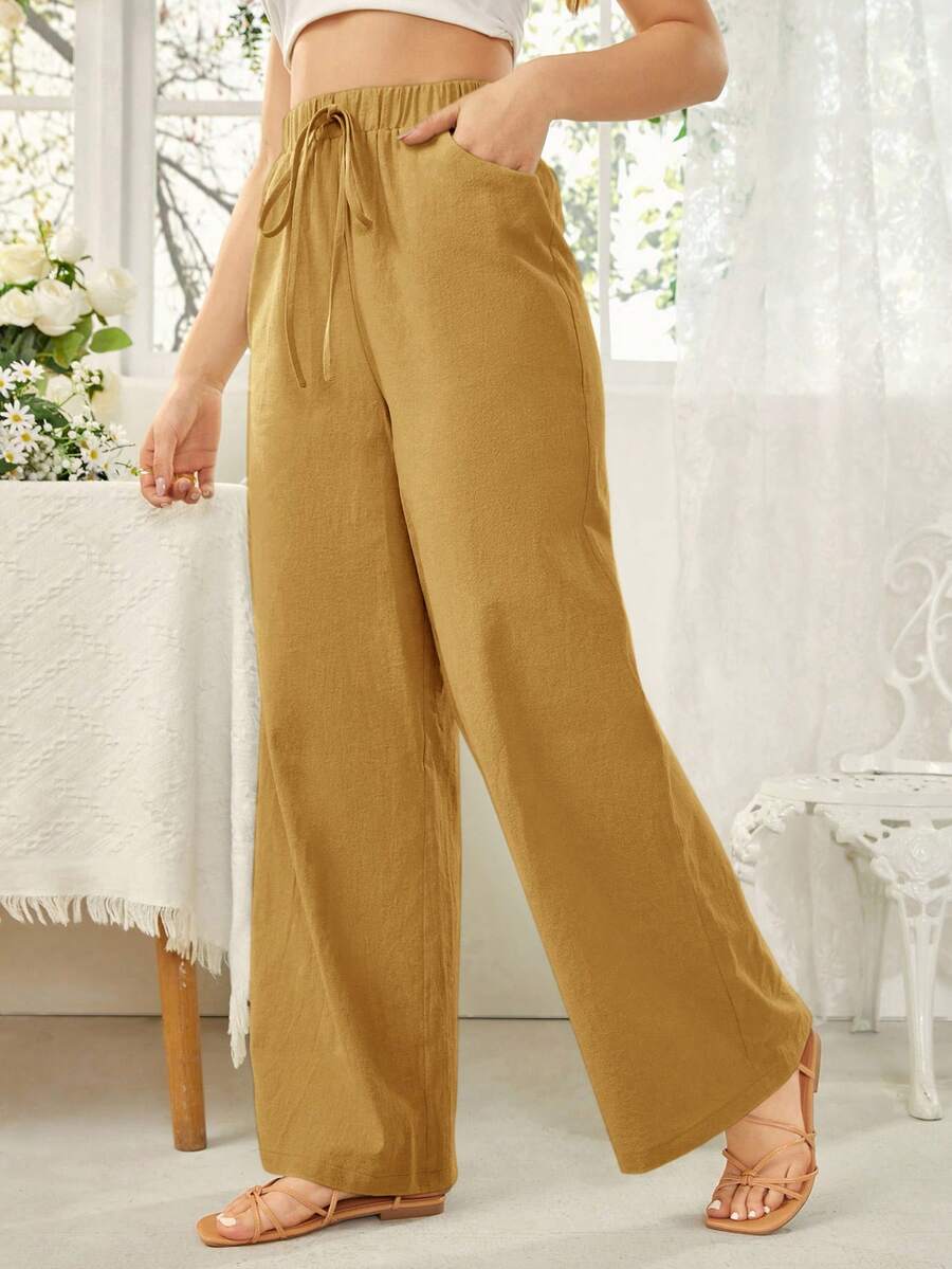 SHEIN Essnce 女款休閒度假日常通勤簡約純色打結彈性腰斜口袋寬鬆寬腿長褲 - 薑色 - 查看 1