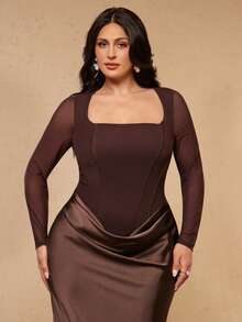 SHEIN BAE CURVE Plus Size Women's Brown Long Sleeve Square Neck Mesh Elegant Dress - Brown - View 6