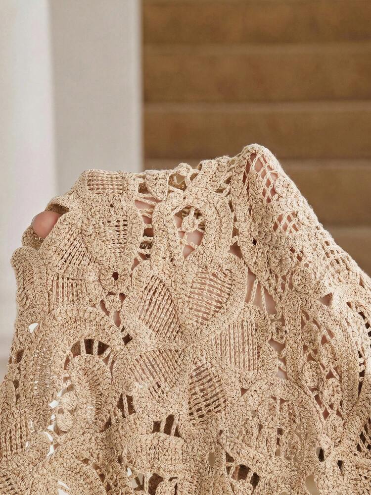 Brown Short Fitted Romantic Hollow Floral Pattern Women's Crochet Camisole Top, Summer