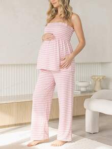 SHEIN Conjunto casual cómodo, adecuado para usar en primavera y verano, que incluye top tubo de hombros descubiertos a rayas y pantalones a juego; conjunto casual de moda para mujeres embarazadas - Rosa - Ver 6