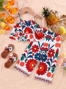 SHEIN Playful Pals 2件組幼女白色花卉印花寬鬆吊帶上衣+長褲可愛夏季度假休閒套裝舒適透氣面料 - 彩色 - 查看 7