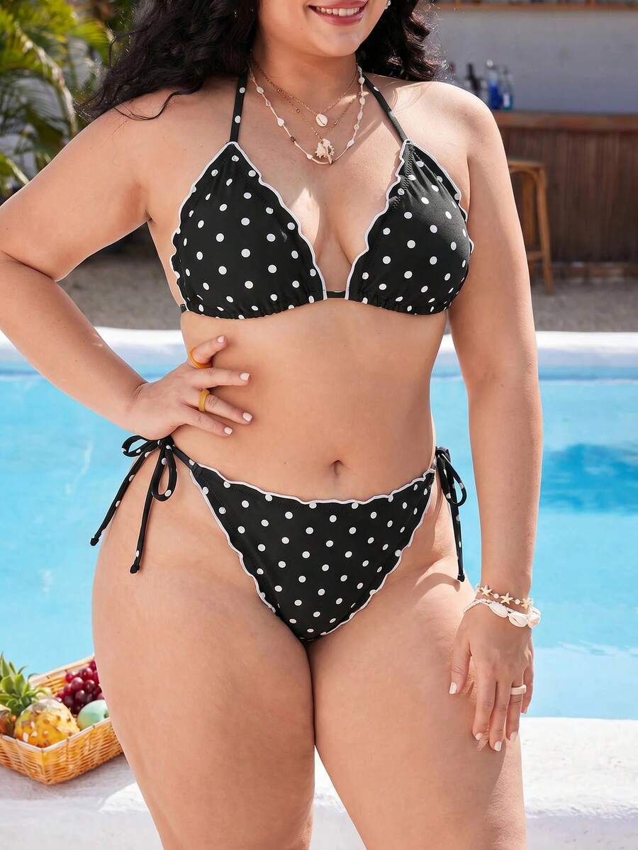 SHEIN Swim Bikini Polkadot Prancis Vintage Ukuran Plus Terbaru 2026, Desain Cup Segitiga untuk Mengangkat Secara Alami dan Tanpa Kompresi, Ikat Pita Samping untuk Penyesuaian Ukuran, Set Baju Renang Pantai Liburan 2 Potong yang Melangsingkan - Hitam dan Putih - View 1