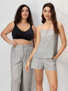 LUVLETTE Große Größen Sommer Natürlich Gemütlich Graue Weite Hose - Strukturierter Stoff & Kordelzug Taille Frische Leichte Lounge Hose Lässige Weite Beine - Grau - Übersicht 10