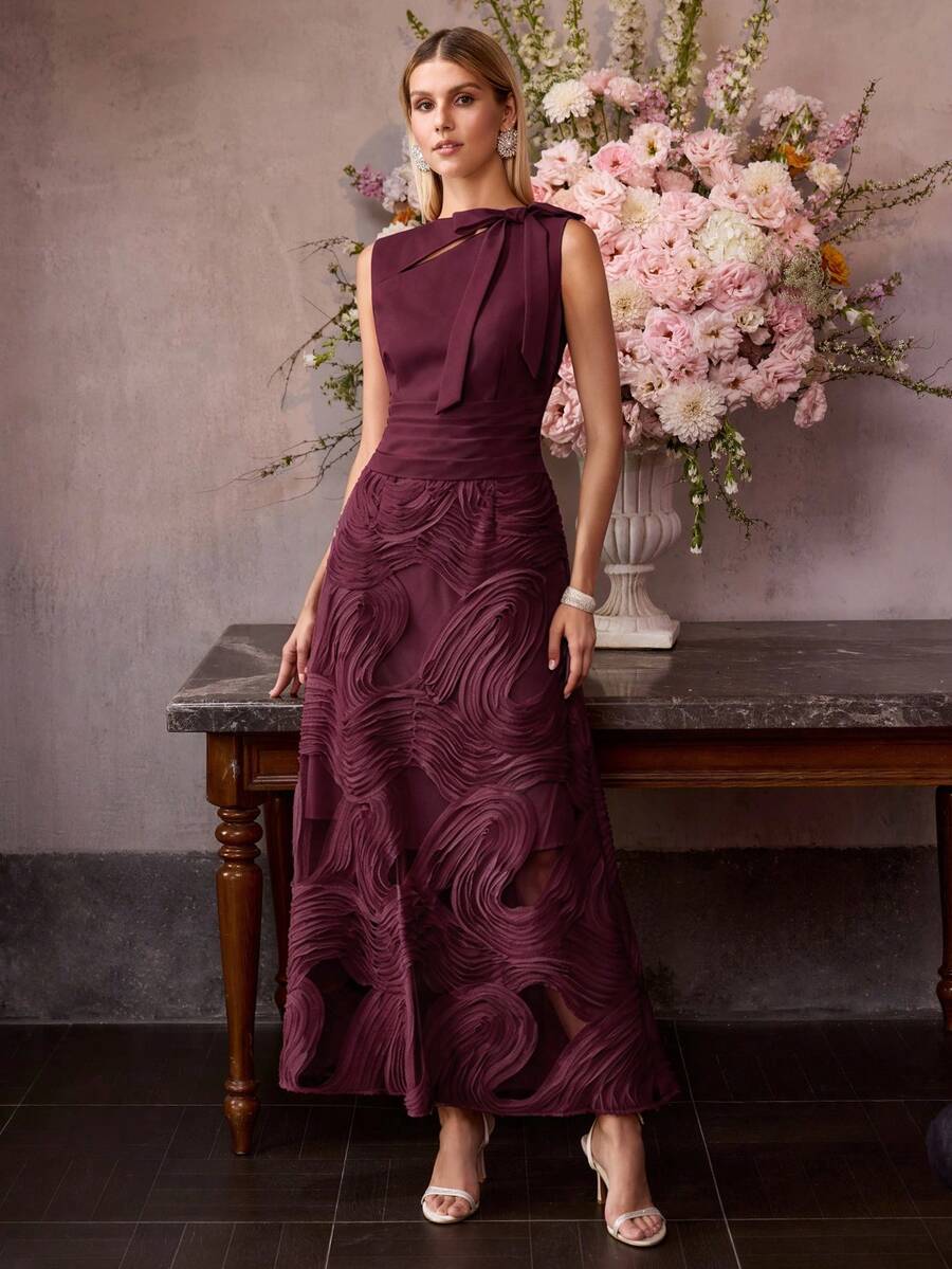 MOTF PREMIUM SUMMER EXQUISITE JACQUARD FABRIC FASHION ELEGANT BOW CINCHED WAIST WOMEN'S DRESS - Burgundy - View 1