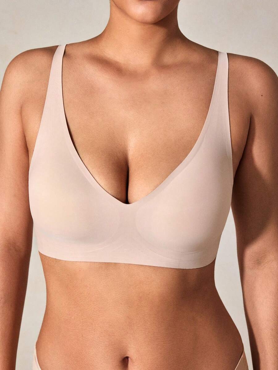 Veilyse Women's Seamless V-Neck Gel Push-Up Bra, Removable Pads & Racerback Design - Comfortable Wireless Structure, Breathable Lingerie, V-Neck, Elastic Underwear, Suitable For Daily Wear, All Seasons, Work, Yoga - Apricot - View 1
