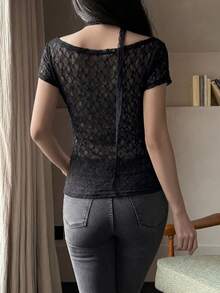 DAZY Spring Summer Valentine's Day Wedding Casual Vacation Style Beach Lace Cover-Up Semi-Transparent Mesh Fitted Women's Top - Black - View 2