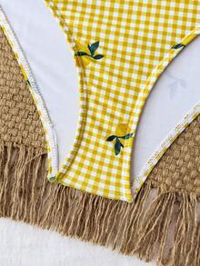 SHEIN Bộ bikini in hoa cho bé gái tuổi teen, 2 món đồ bơi, phong cách ngọt ngào và thời trang phù hợp cho mọi dịp, bộ bikini cho bé gái tuổi teen mùa xuân/hè - Màu vàng - Xem 5