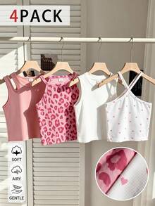 SHEIN Genkimix Kids 4件組少女可愛波西米亞Y2K風白色夏季粉色豹紋獵豹愛心圖案無袖掛脖圓領背心上衣 - 彩色 - 查看 7