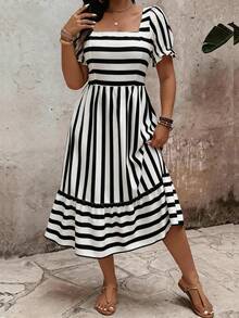SHEIN Clasi Vestido elegante con estampado para mujer de talla grande, primavera-verano - Blanco y Negro - Ver 1