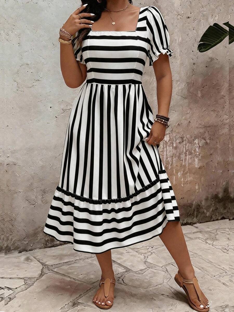 SHEIN Clasi Vestido elegante con estampado para mujer de talla grande, primavera-verano - Blanco y Negro - Ver 1