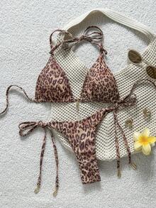 Swim Vcay 女款夏季海灘豹紋掛脖綁帶性感比基尼三角泳褲兩件式泳衣套裝 - 彩色 - 查看 8