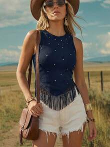 Wildy Áo croptop đen đính tua rua phong cách BOHO mùa hè, thích hợp cho lễ hội âm nhạc miền Tây, kỳ nghỉ hè, buổi hòa nhạc kiểu châu Âu, tiệc tùng dành cho nữ. - Màu xanh hải quân - Xem 2